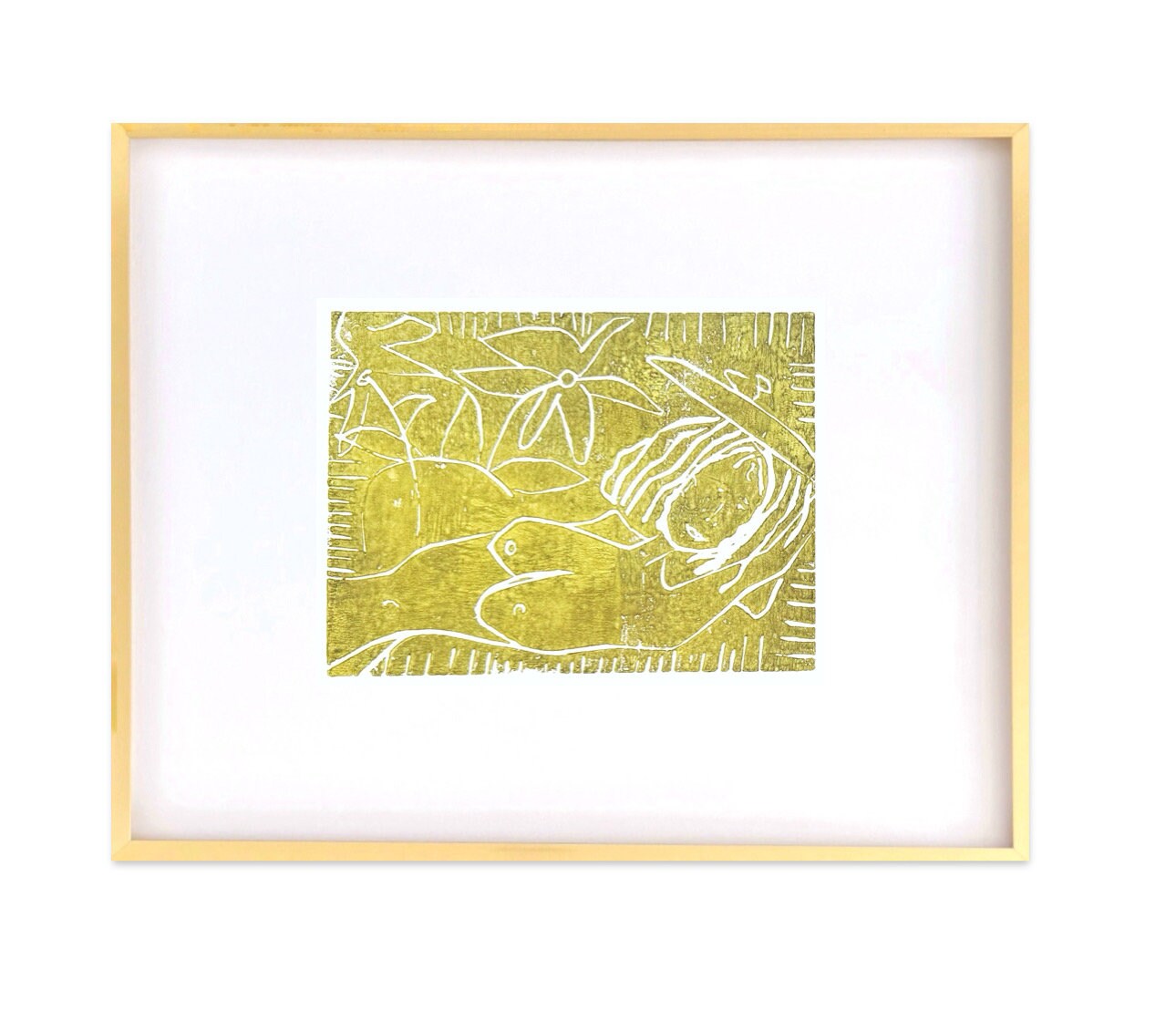 Abstract nude figure monoprint on premium paper, framed in gold metal, minimalist home decor.