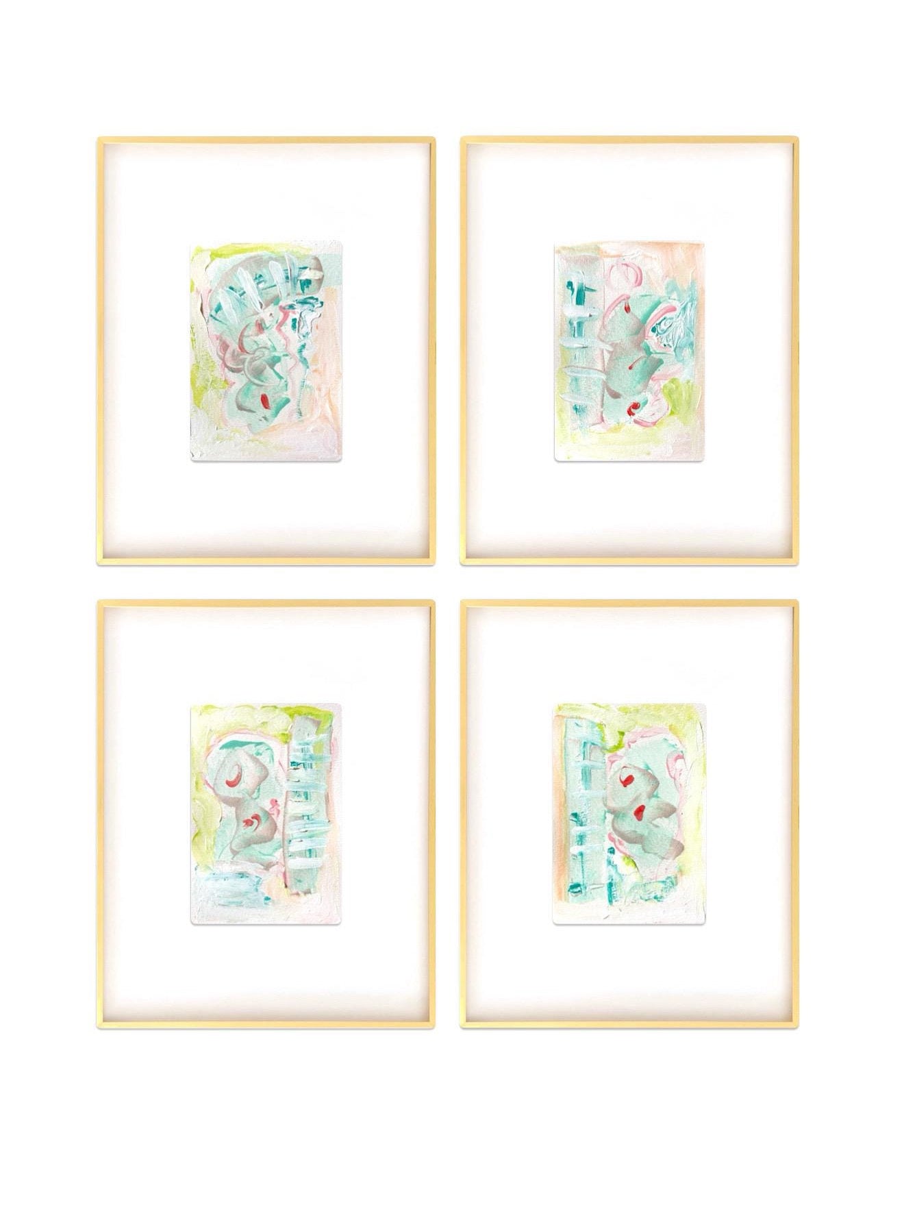 Original Abstract Watercolor Paintings, Set of Four, Framed, Pink, Blue, Green, Abstract Artwork