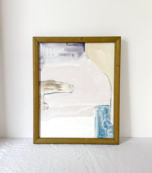 Original abstract mixed media painting on canvas in vintage gold frame with pastel lavender and neutral tones
