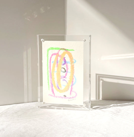 Acrylic framed abstract mini neon painting with vibrant colorful brush strokes on a 4x6 inch canvas displayed on a white surface