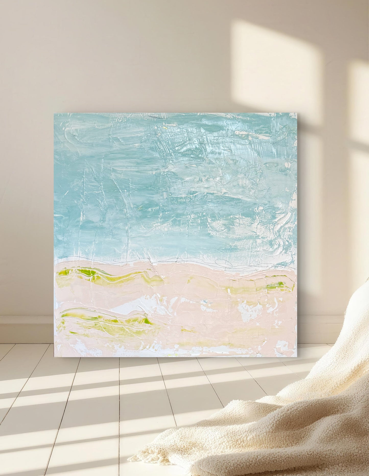 Original Abstract Mixed Media Landscape Painting, Blue, Green, Pink, Abstract Artwork, 30”x40”