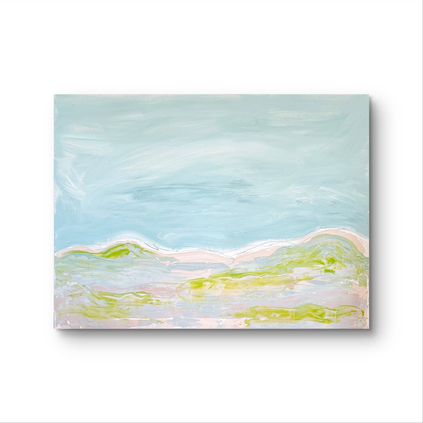 Original Abstract Mixed Media Landscape Painting, Blue, Green, Pink, Abstract Artwork, 30”x40”