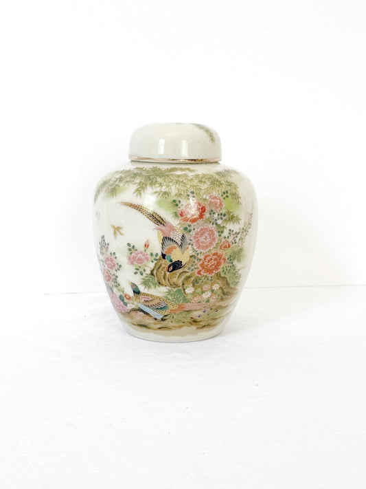 Handpainted Japanese ginger jar with floral and bird design, vintage style 6x4x4 inches
