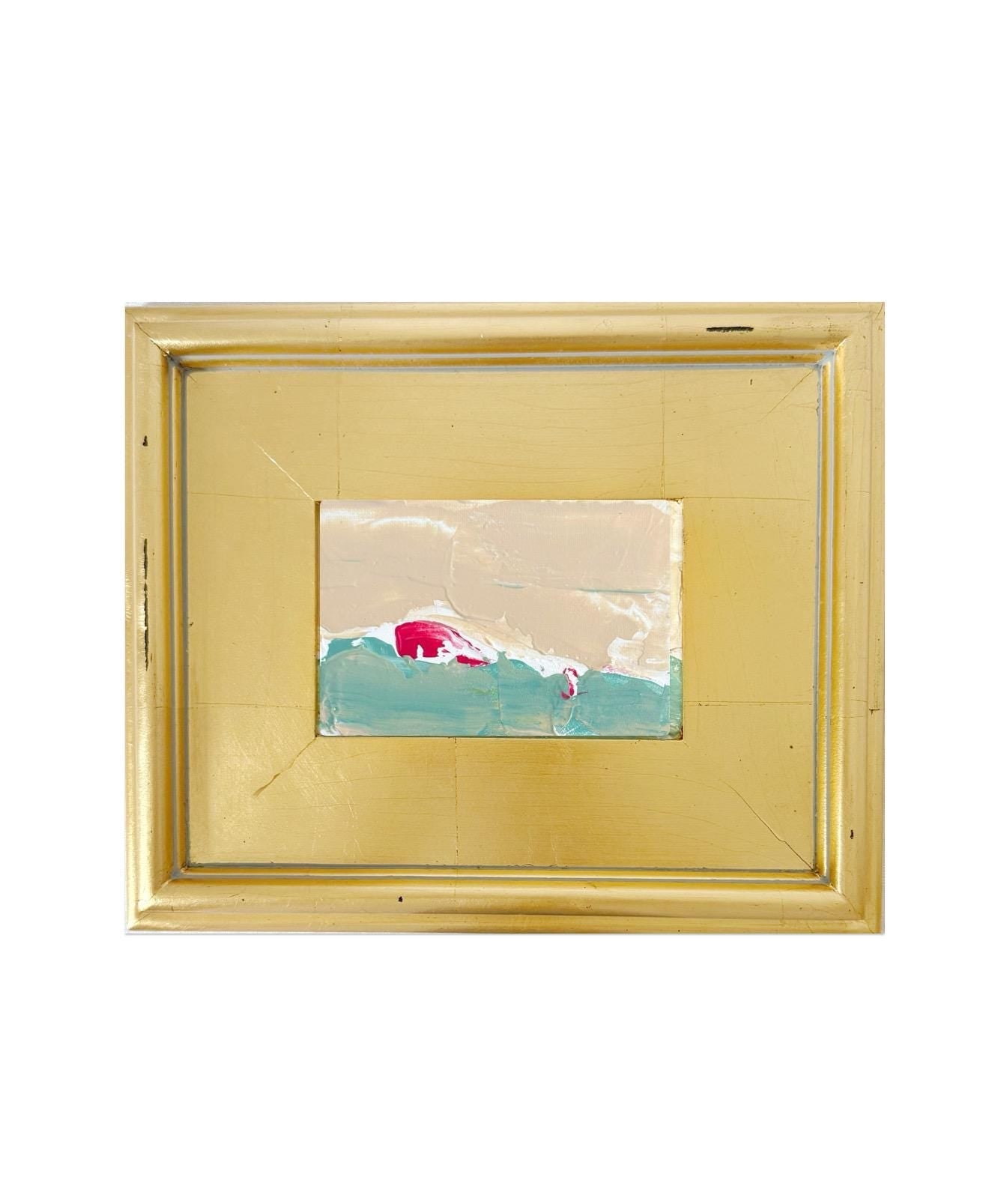 Framed Original Abstract Artwork, Mixed Media Landscape Painting (4”x6”) on Canvas, 8”x10”, Gold Frame, Neutral Wall Art, Pink & Green