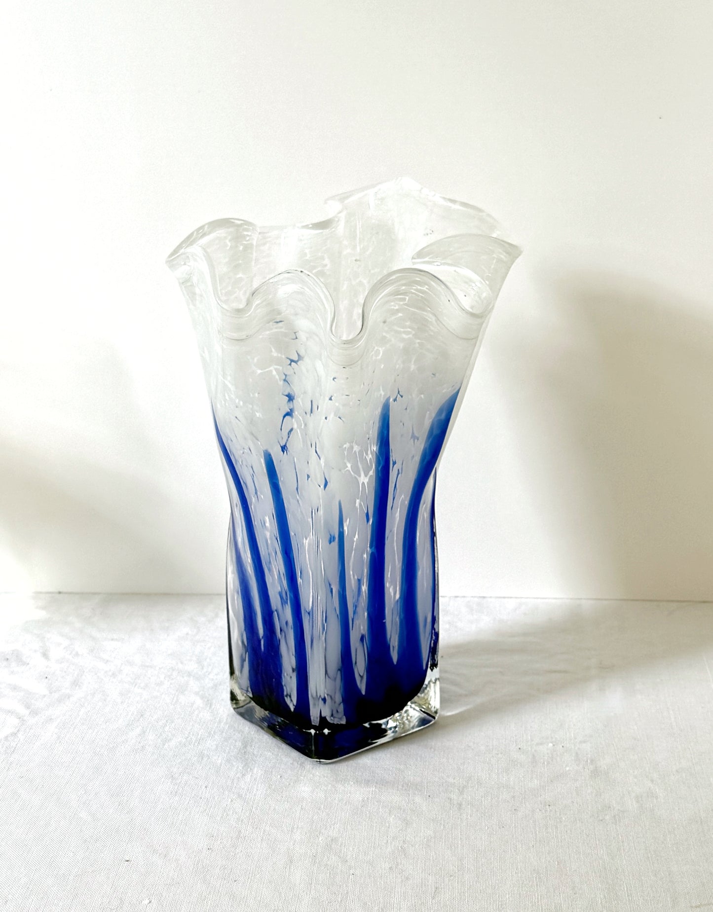 Blue Handblown Glass Vase with Lettuce Edge