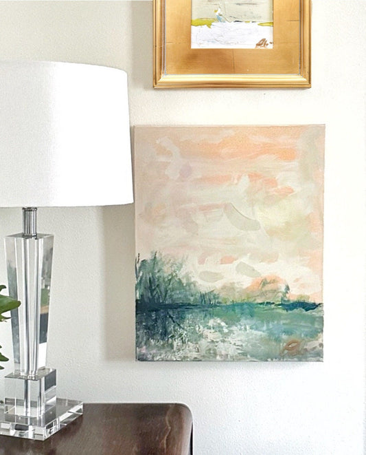 Original abstract mixed media landscape painting on 16x20 inch canvas with muted pink and deep green hues, iridescent accents, unframed design.