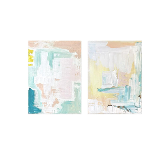 Pair of original abstract mixed media paintings on canvas with green and pink hues, 12x18 inches each, ready to hang
