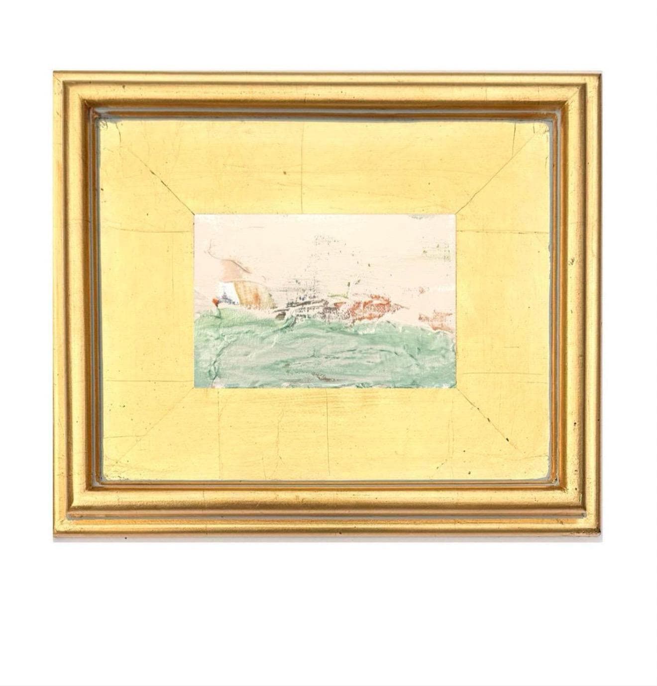 Framed Original Abstract Artwork, Mixed Media Landscape Painting (4”x6”) on Canvas, 8”x10”, Gold Frame, Neutral Wall Art, Pink & Green