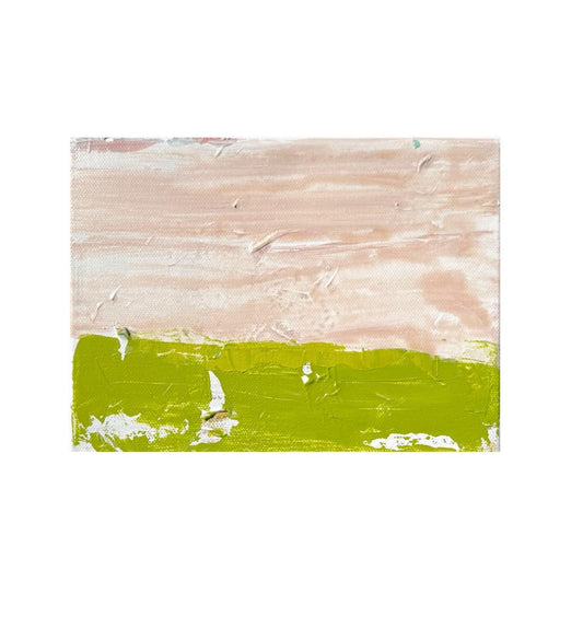 Original abstract mixed media landscape painting on stretched canvas with pink and green hues.