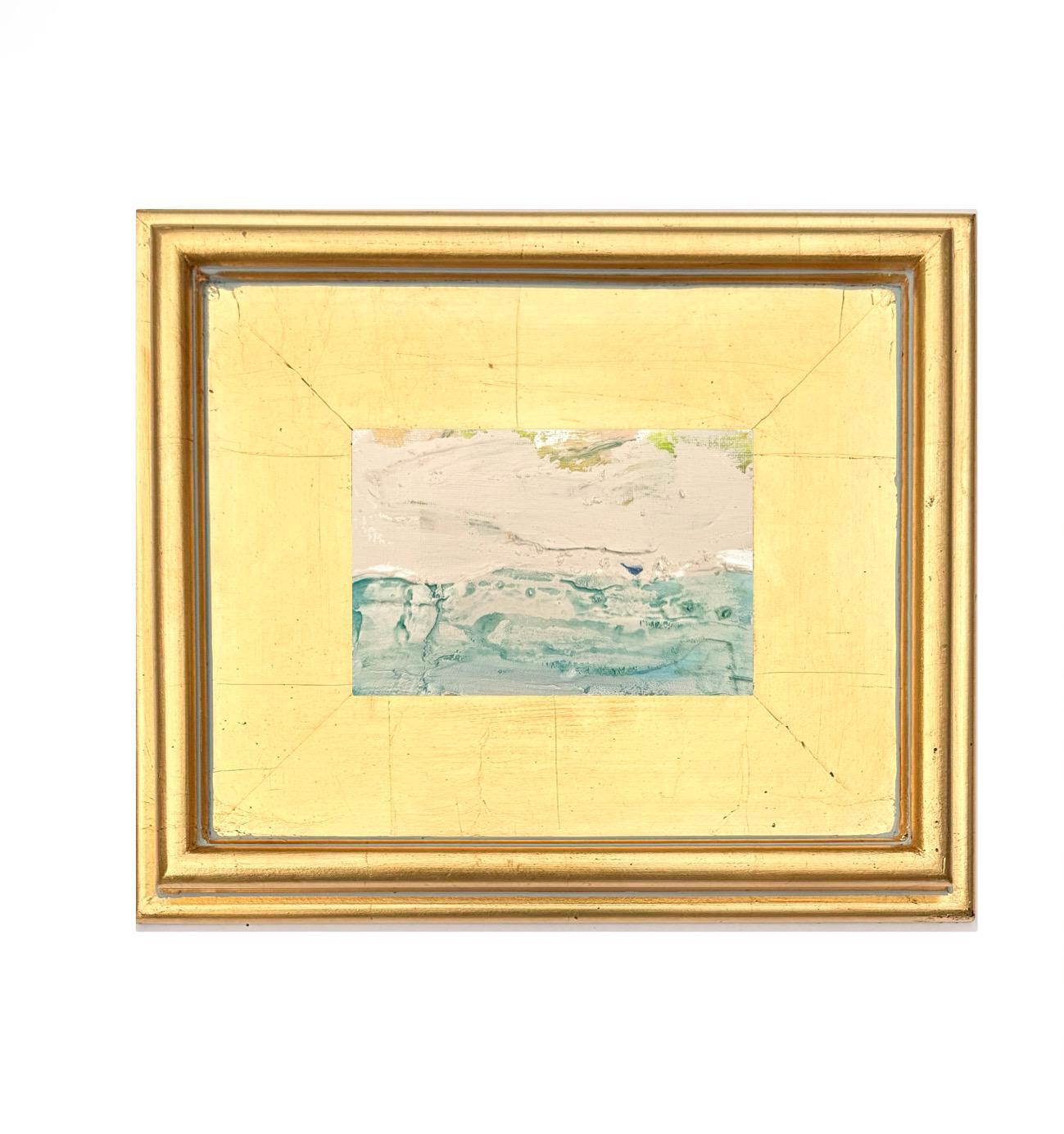 Framed original abstract artwork, mixed media landscape painting with gold frame.