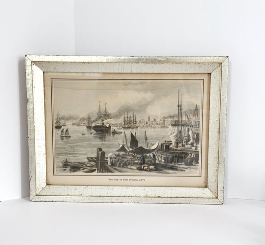 Vintage Framed New Orleans Landscape Print. Silver and Gold-leafed frame, 8x10.