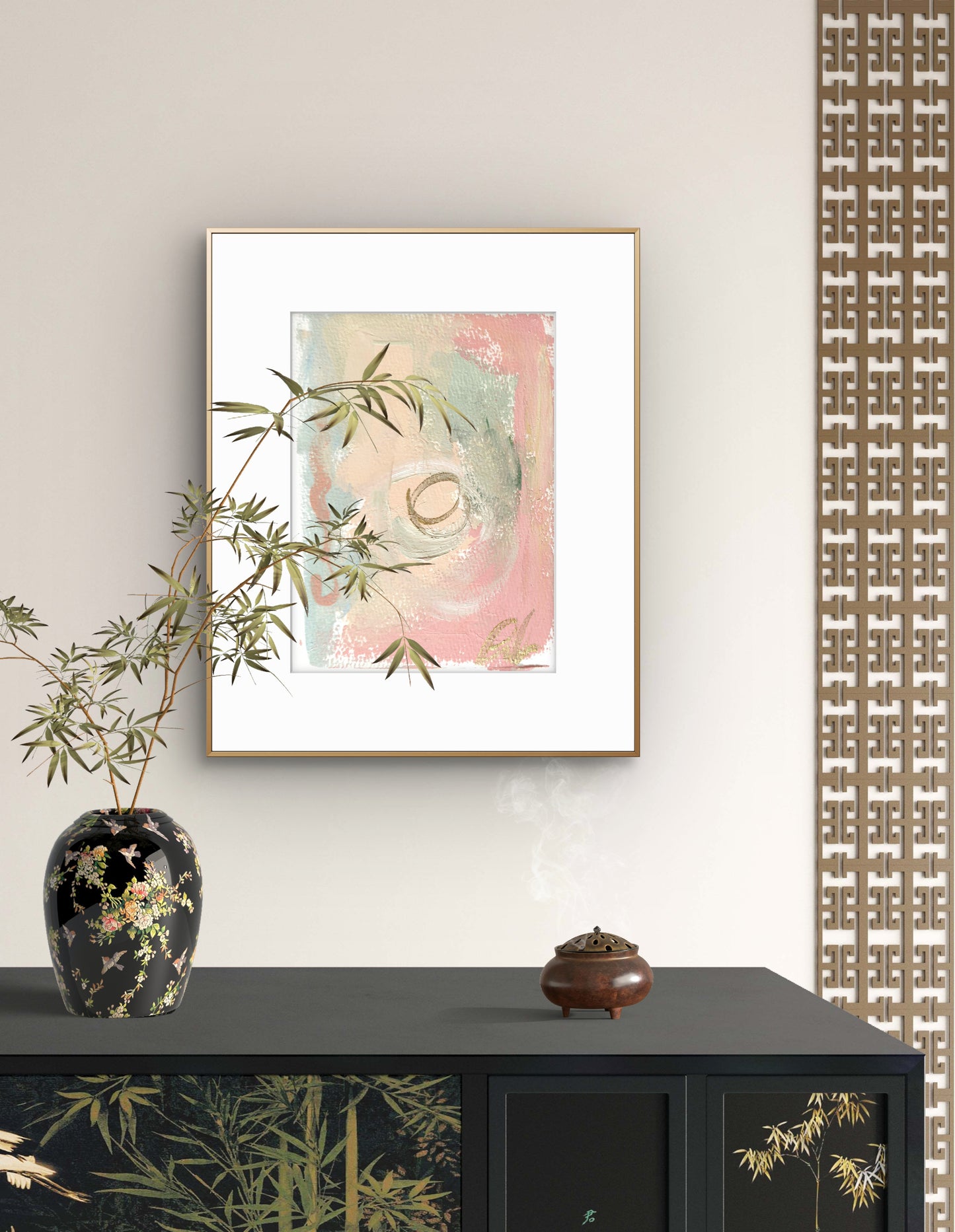 Original Abstract Watercolor Painting Fine Art Giclee Print, Size 5x7, Blue, Peach, Pink