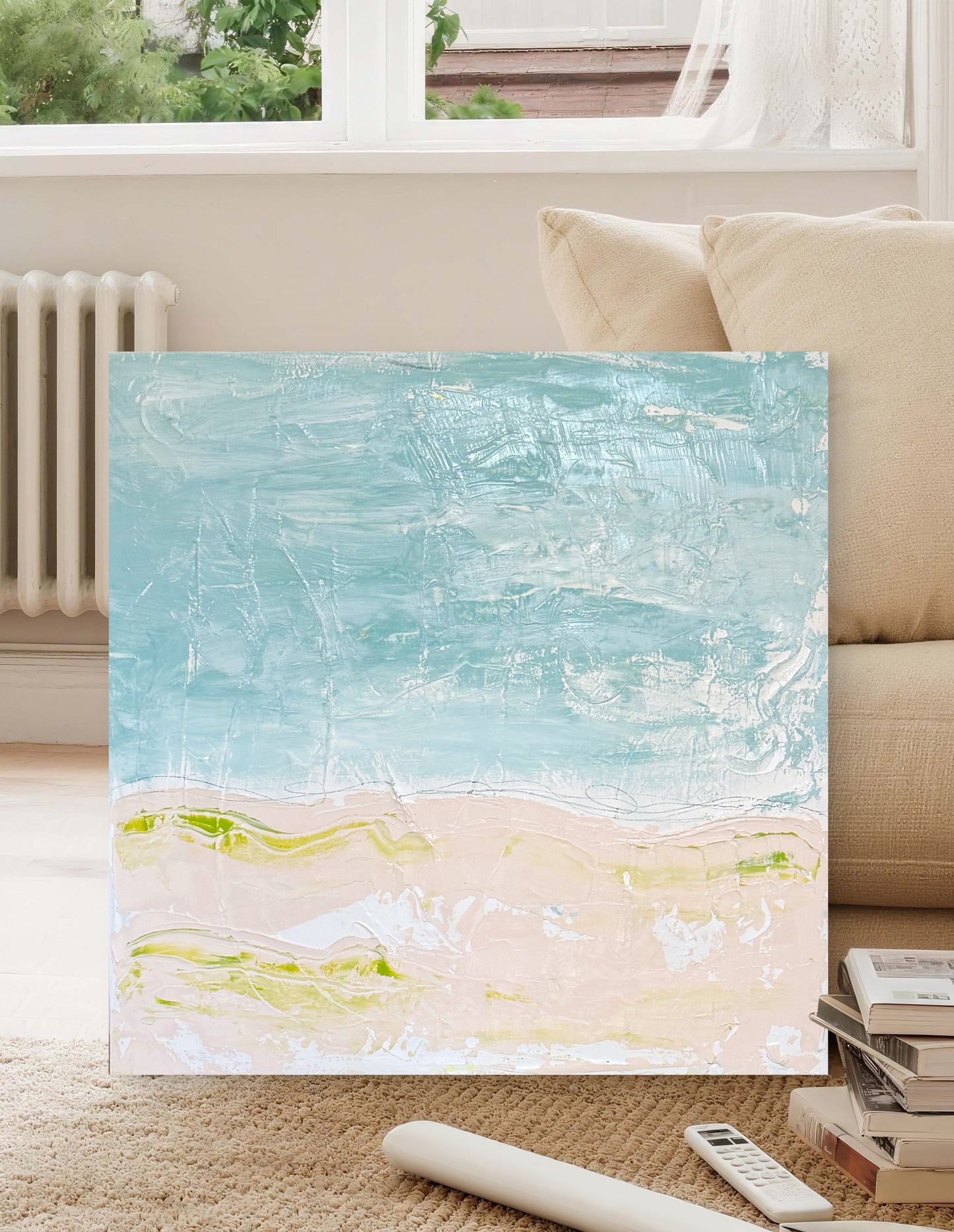 Original Abstract Mixed Media Landscape Painting, Blue, Green, Pink, Abstract Artwork, 30”x40”