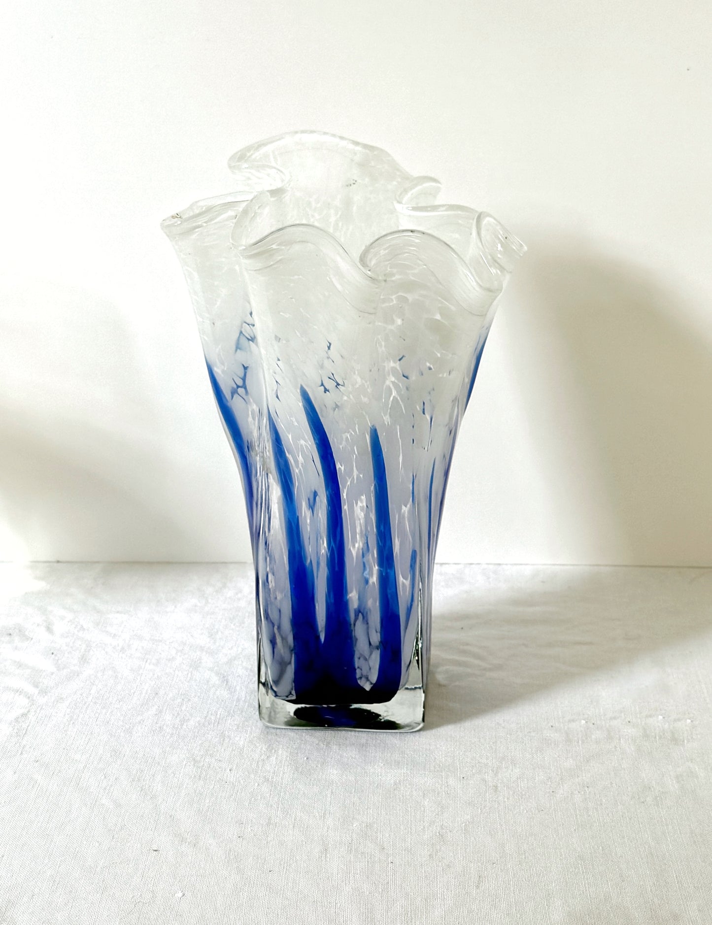 Blue Handblown Glass Vase with Lettuce Edge