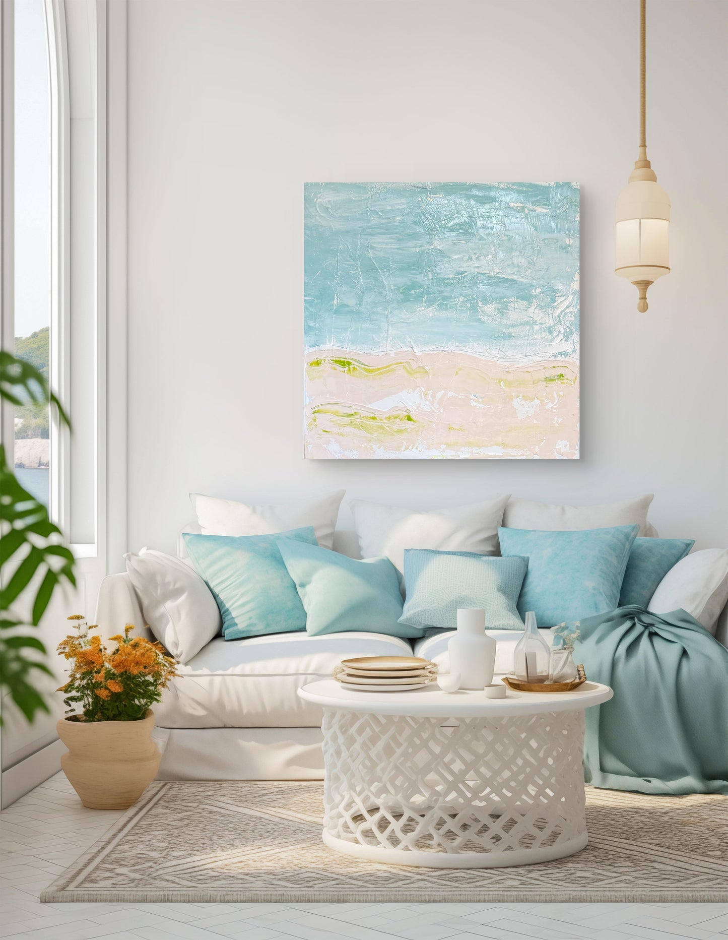 Original Abstract Mixed Media Landscape Painting, Blue, Green, Pink, Abstract Artwork, 30”x40”