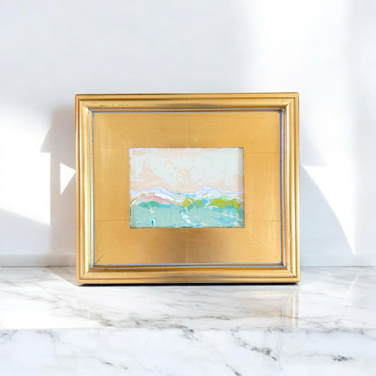 Original abstract mixed media landscape painting in gold-leaf wooden frame.