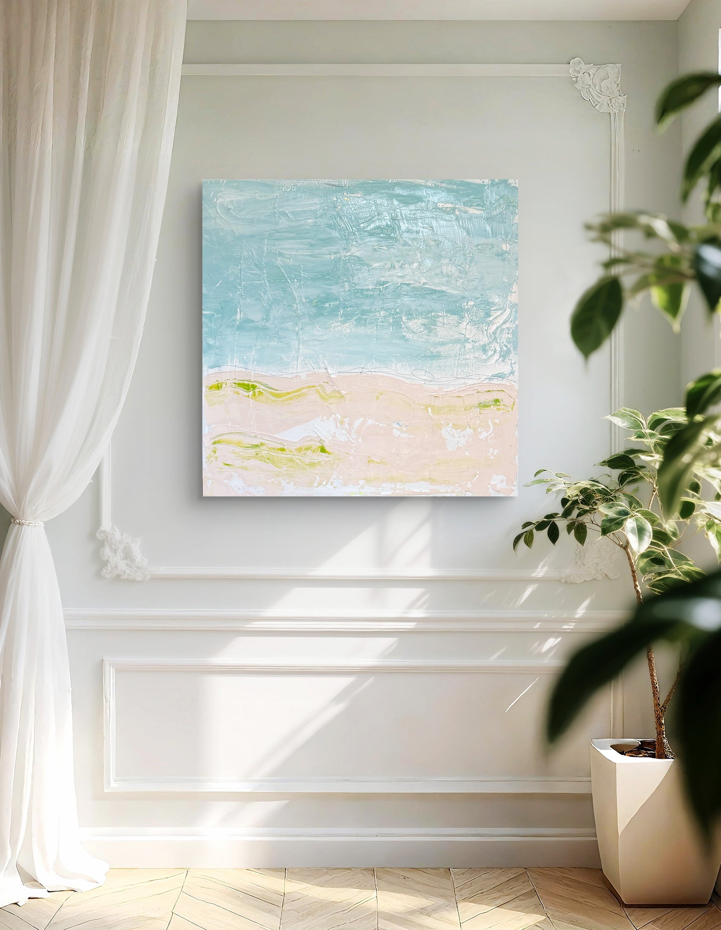 Original Abstract Mixed Media Landscape Painting, Blue, Green, Pink, Abstract Artwork, 30”x40”