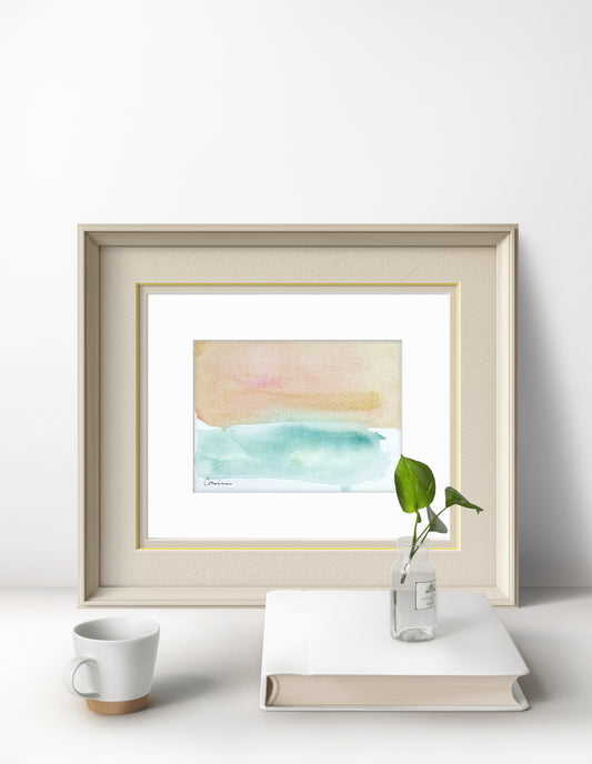 Original Abstract Watercolor Landscape Painting Fine Art Giclee Print, Size 5x7, Blue, Peach