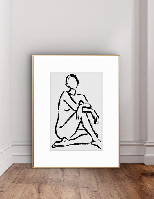 Minimalist Nude Figure Oversized Art Print, Modern Figure Drawing, Female Nude Figure Art, Abstract Nude Figure, Black & White Line Art
