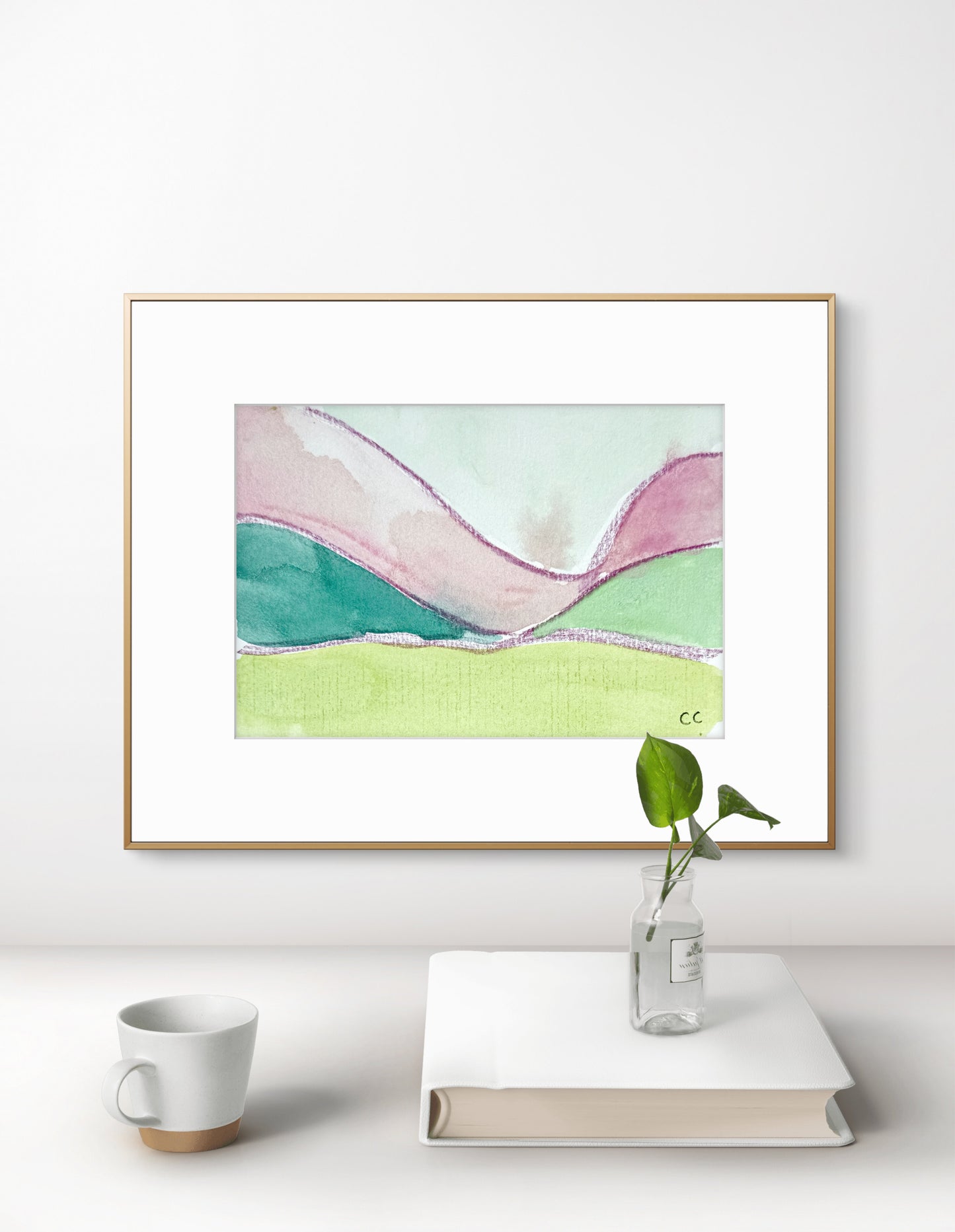 Original Abstract Watercolor Landscape Painting, Digital Print, Digital Download, Blue, Pink, Green, Chartreuse, 4x6