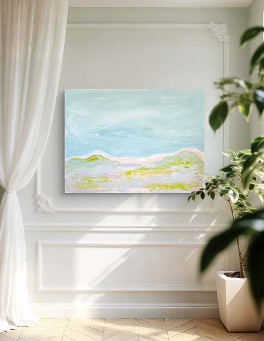 Original Abstract Mixed Media Landscape Painting, Blue, Green, Pink, Abstract Artwork, 30”x40”