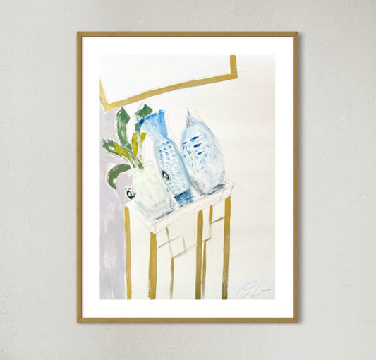 Original abstract oil painting on paper with white, blue, lavender, and gold accents.