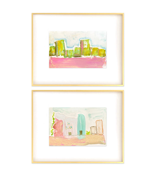 Original abstract mixed media paintings in gold metal gallery frames.