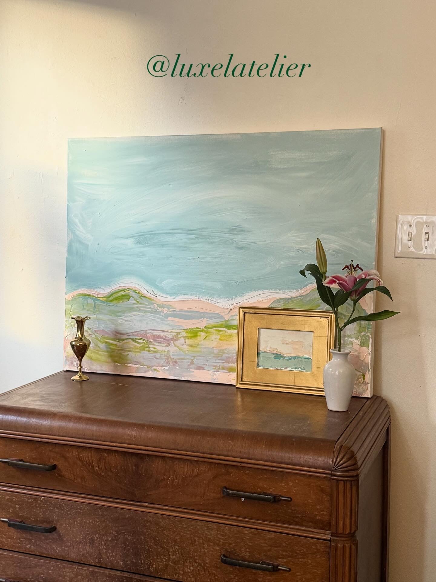 Original Abstract Mixed Media Landscape Painting, Blue, Green, Pink, Abstract Artwork, 30”x40”