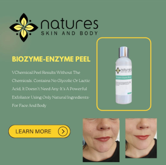 Bottle of Biozyme Enzyme Peel by Natures Skin and Body with before and after facial skin treatment photos.