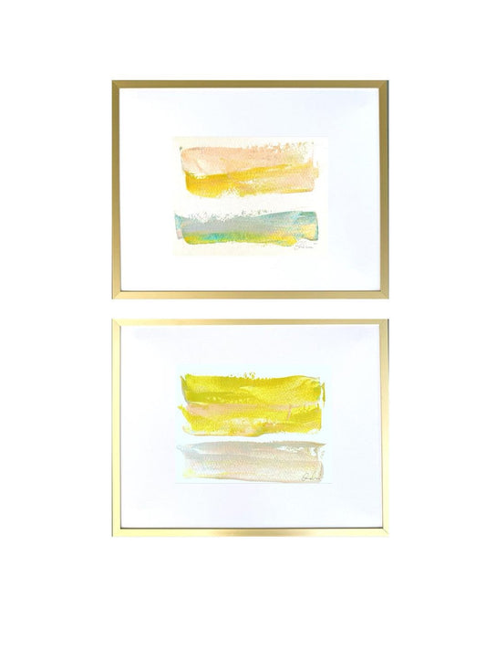Set of 2 original abstract watercolor paintings with landscape-inspired yellow, green, and blue brushstrokes in gold frames
