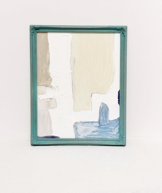 Original abstract mixed media painting on canvas in teal vintage frame with pastel neutral colors and lavender accents