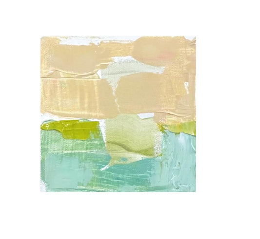 Abstract mixed media landscape painting on 6x6 inch stretched canvas with pink, green, and chartreuse hues.