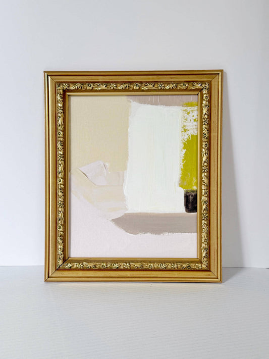 Original abstract mixed media painting on canvas in vintage gold-leaf frame with pastel and neutral tones