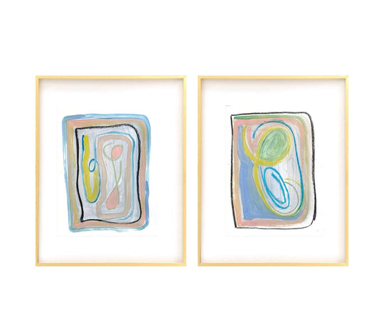 Original Abstract Watercolor Painting, Set of 2, Mixed Media, 9”x12”, Mat Size 16"x20", Original Artwork, Pink, Neutral Artwork, Pastel