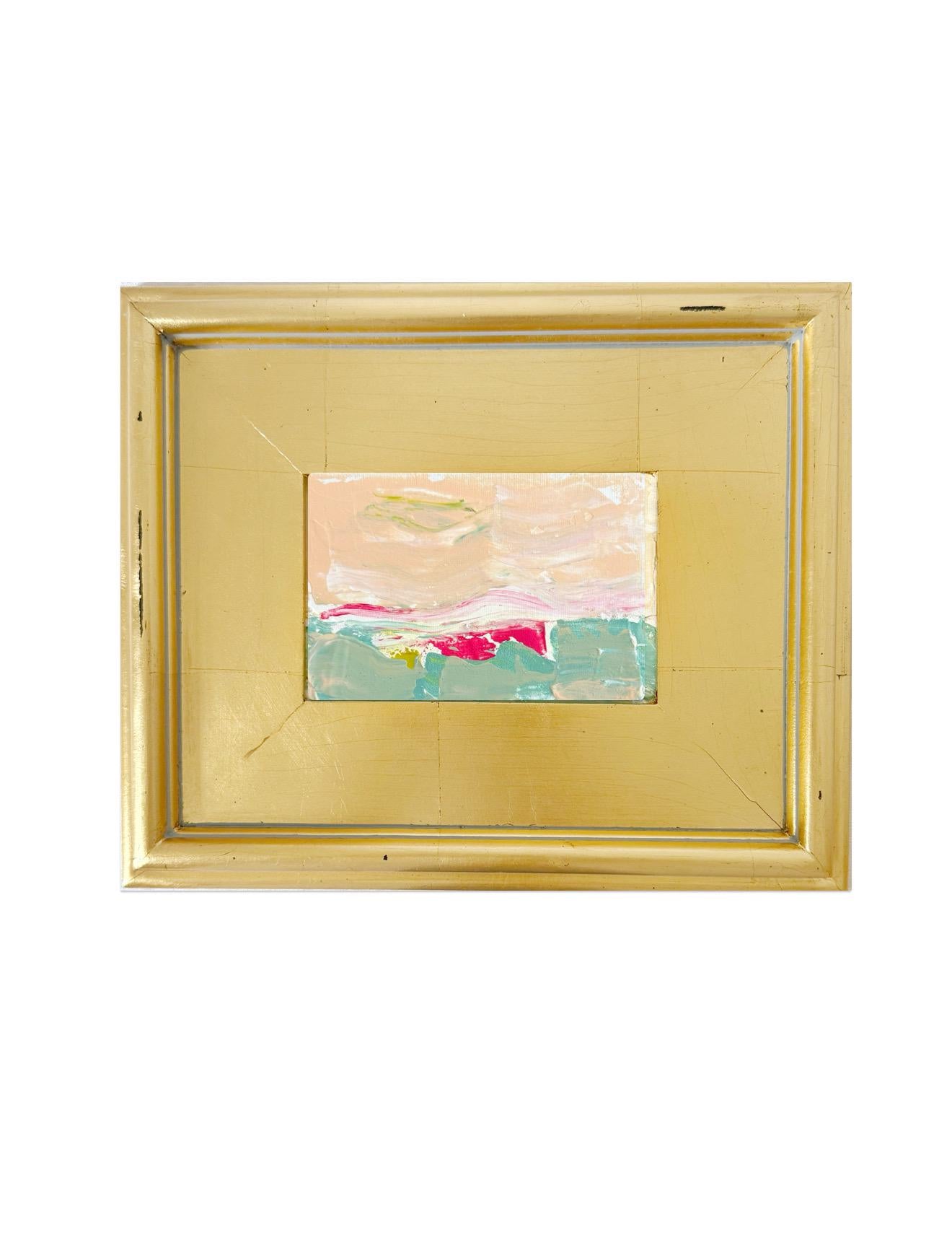 Framed Original Abstract Artwork, Mixed Media Landscape Painting (4”x6”) on Canvas, 8”x10”, Gold Frame, Neutral Wall Art, Pink & Green