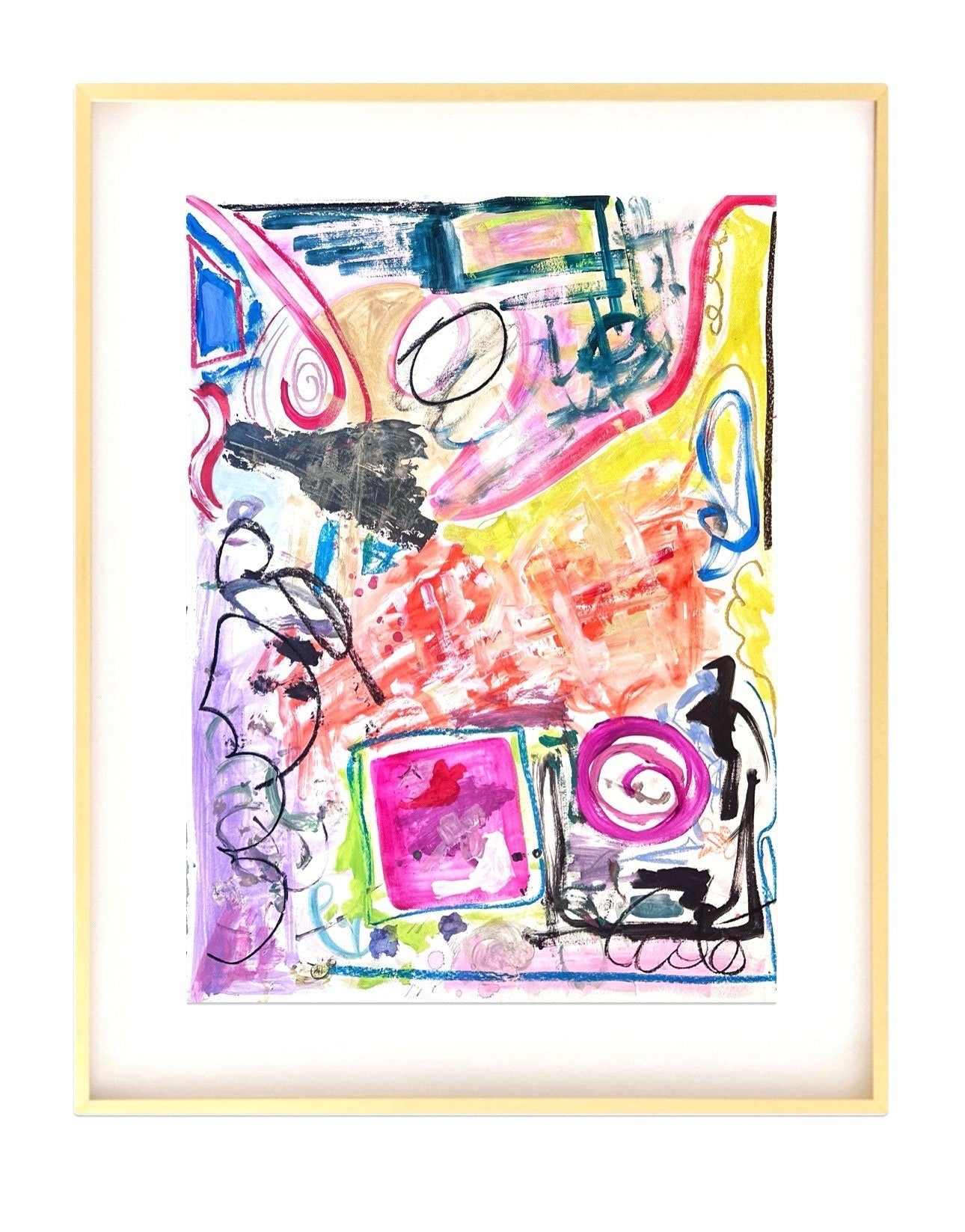 Large original abstract mixed media painting on paper with vibrant pink, purple, orange, chartreuse, and black colors, 18x24 inches.