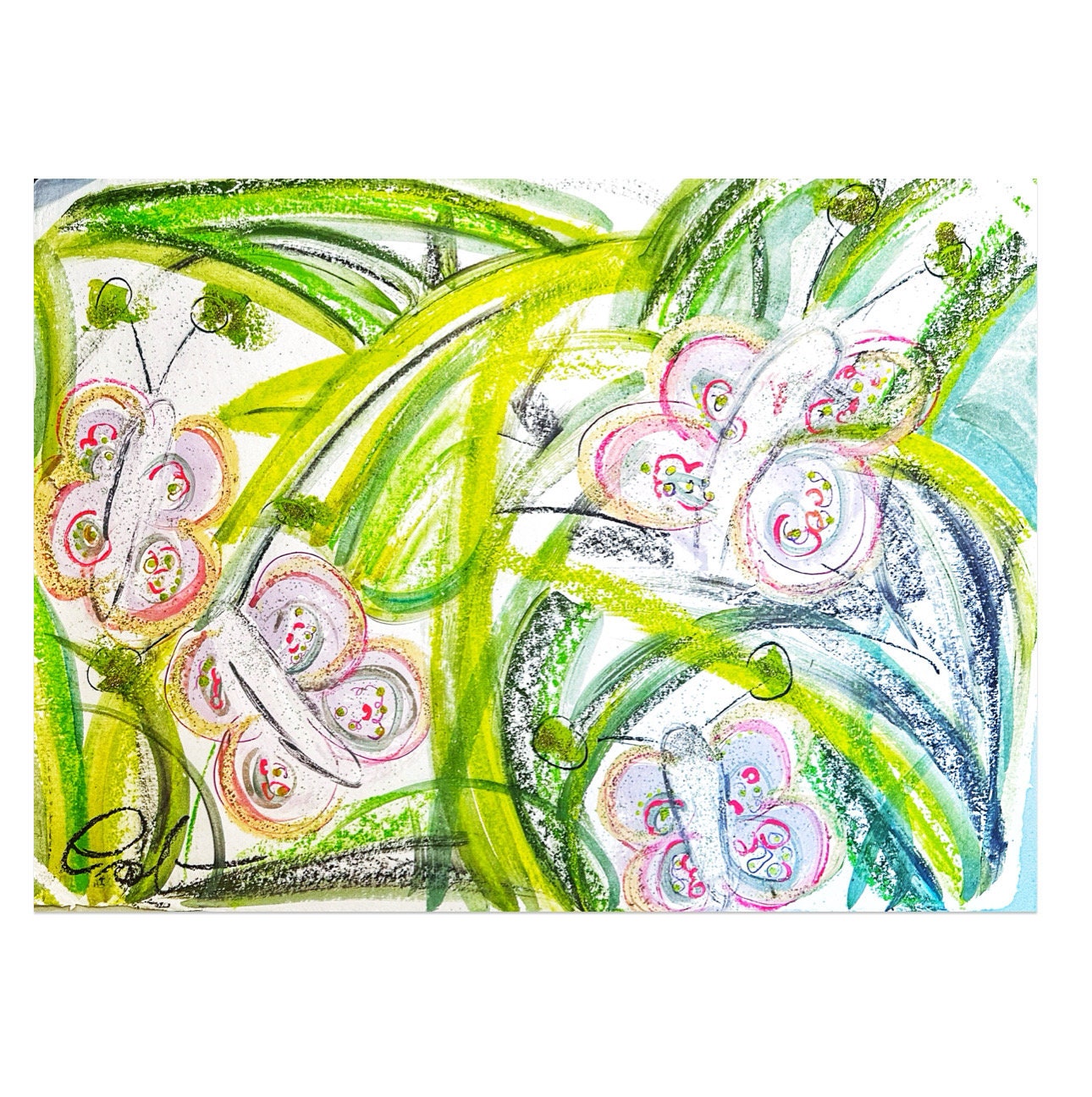 Large Original Abstract Mixed Media Painting on Paper, 18x24, Garden Theme, Butterflies, Green, Pink