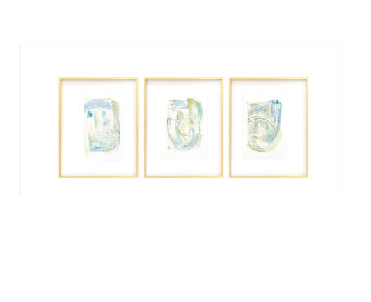 Abstract Watercolor Painting Set of 3, Size 5”x7" Matted in 11”x14", Original Artwork, Green Art, Neutral Artwork, Pastel Artwork