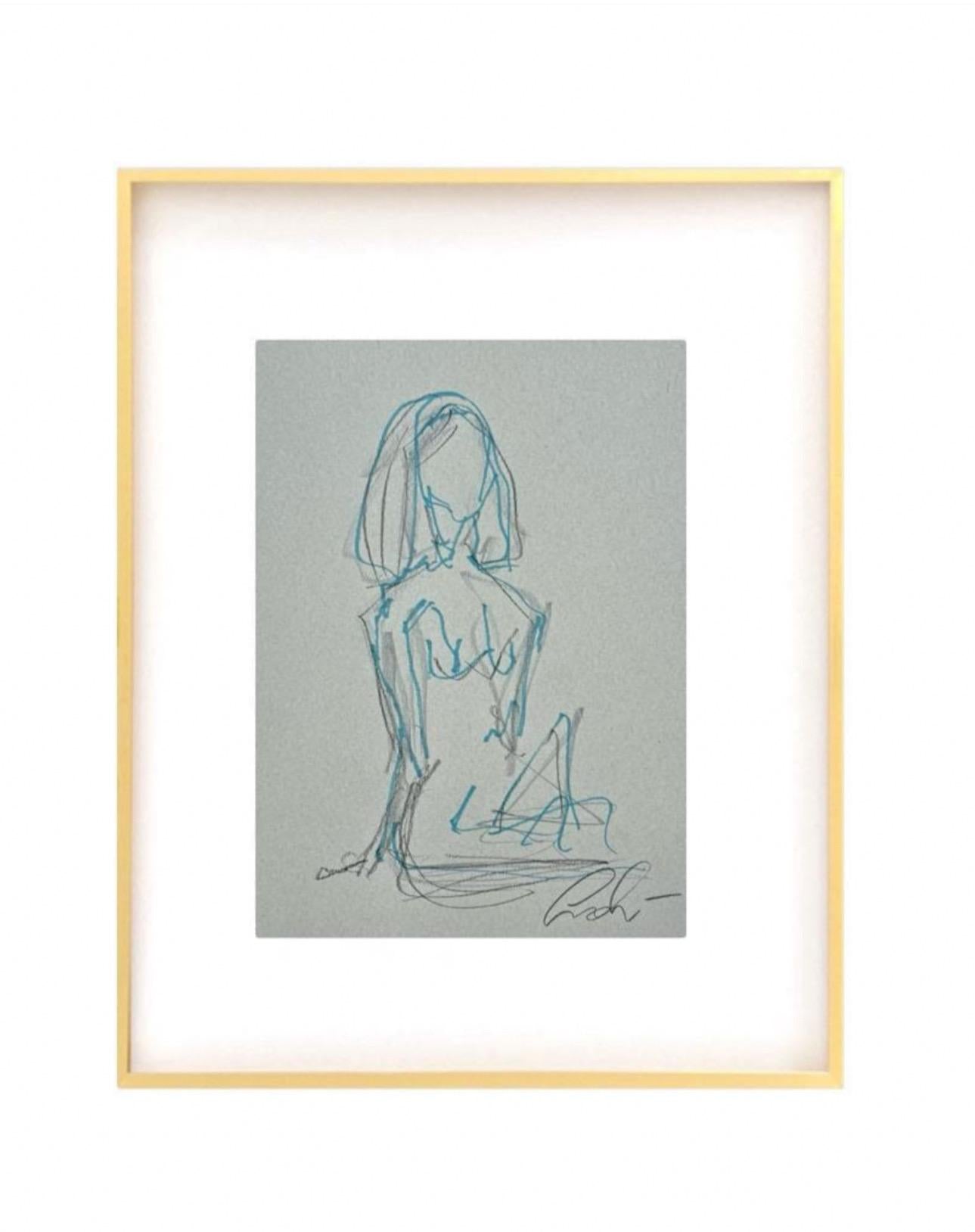 Original Abstract Mixed Media Nude Figure Sketch, Charcoal Nude Sketch, Abstract Art, Original Art, Blue, Black, Grey