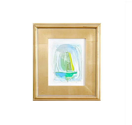 Framed original abstract artwork 8x10 mixed media painting with gold frame featuring light blue, white, green, and chartreuse colors.