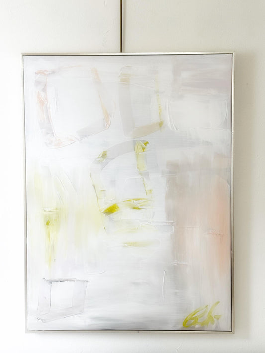 Original abstract mixed media painting on 24x36 inch canvas with neutral pastel tones framed in silver