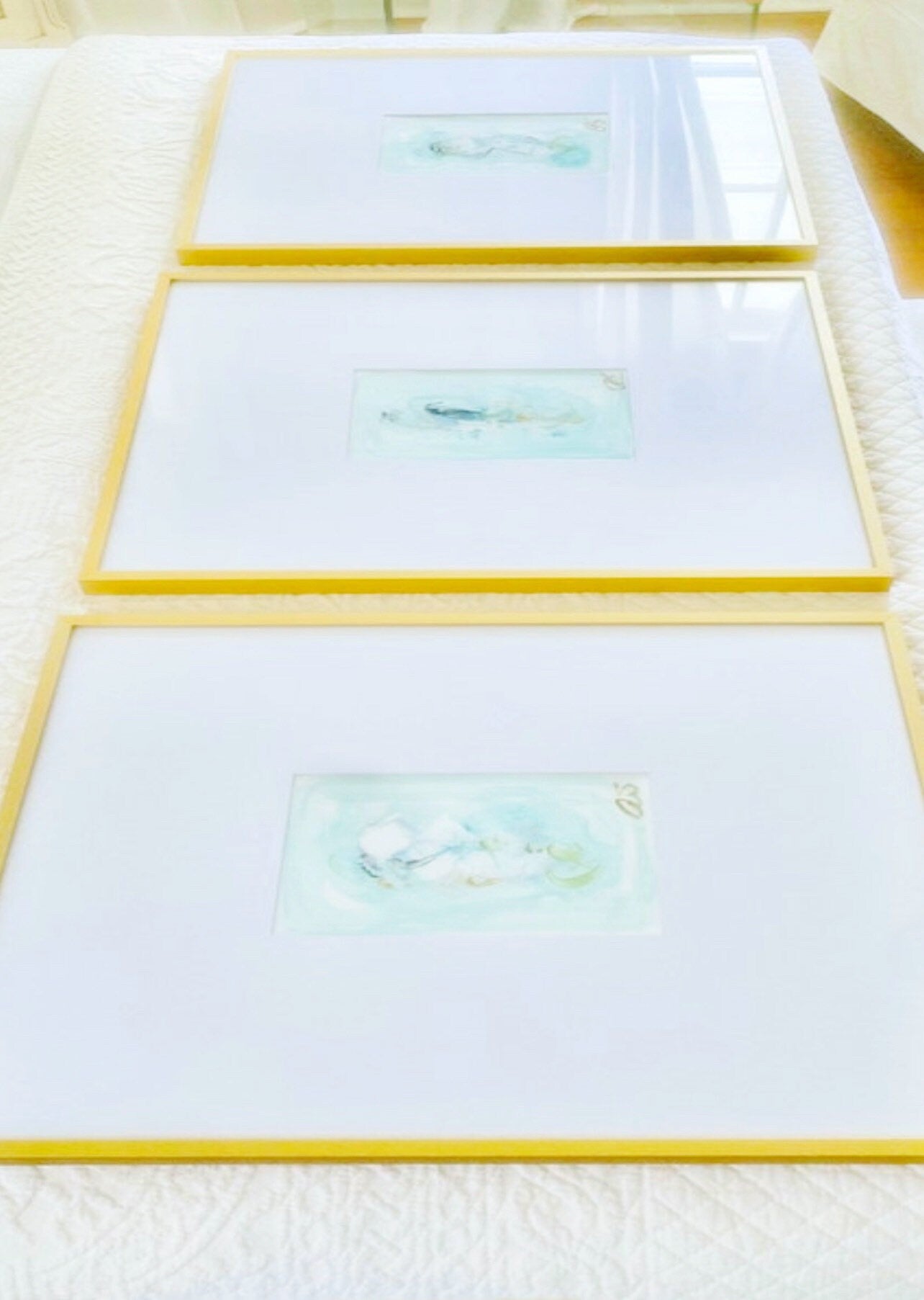 Custom Set of 3 Abstract Paintings (5”x7”) Framed in 16”x20” Gold Metal Gallery Frames