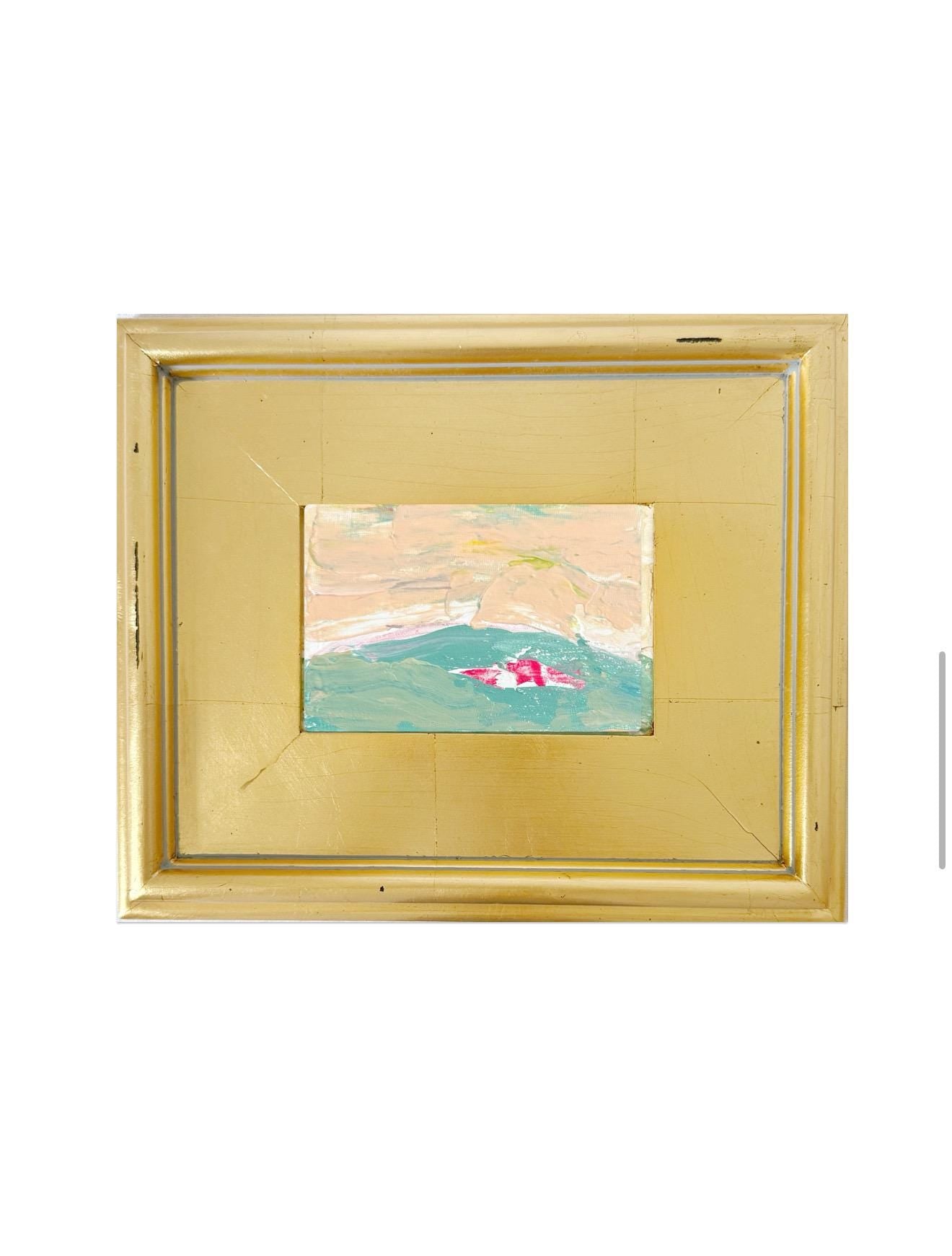 Framed Original Abstract Artwork, Mixed Media Landscape Painting (4”x6”) on Canvas, 8”x10”, Gold Frame, Neutral Wall Art, Pink & Green