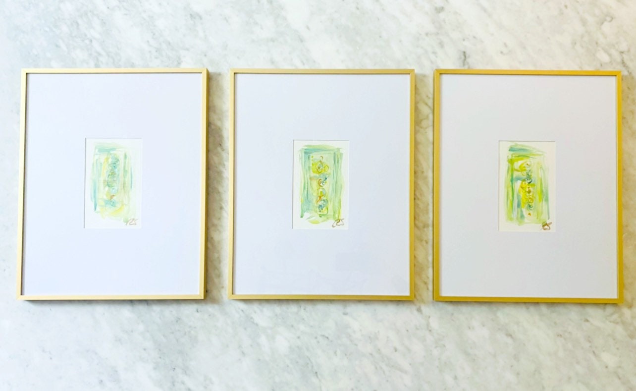 Custom Set of 3 Abstract Paintings (5”x7”) Framed in 16”x20” Gold Metal Gallery Frames