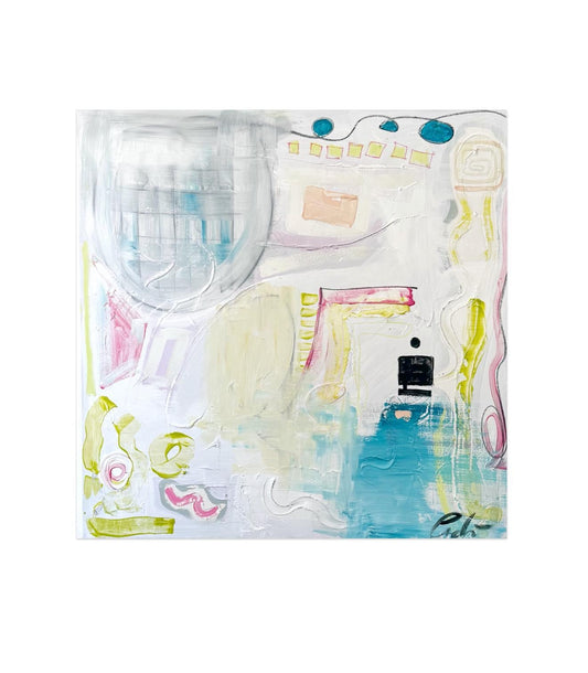Original abstract mixed media painting on 36x36 inch stretched canvas with white, pink, turquoise, chartreuse, and black textured elements