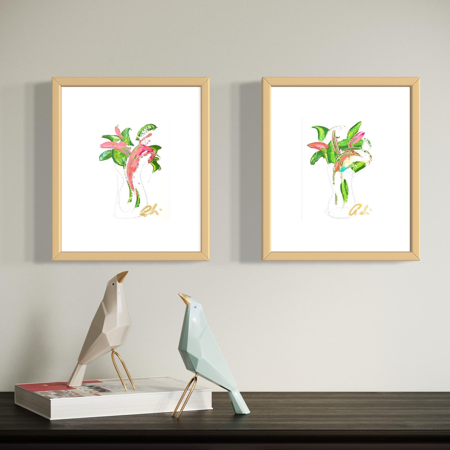 Original Abstract Fine Art Prints, Green, Pink, Blue, Pair (5x7), Abstract Artwork