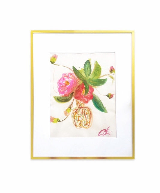 Original abstract watercolor painting of pink camellias in a vase, framed in a 16x20 gold metal gallery frame.