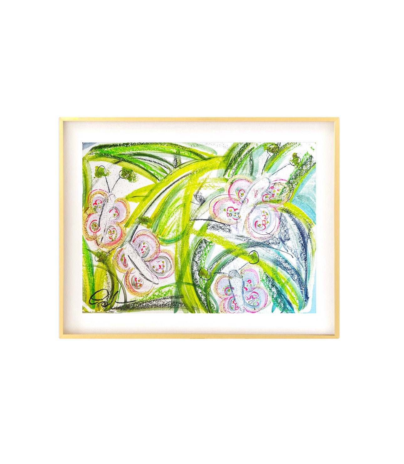 Large Original Abstract Mixed Media Painting on Paper, 18x24, Garden Theme, Butterflies, Green, Pink