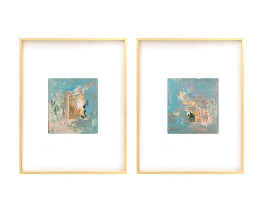 Abstract Watercolor Painting Pair, Mixed Media, 6”x8”, Mat Size 11" x 14", Original Artwork, Green, Blue, Neutral Artwork, Pastel Artwork