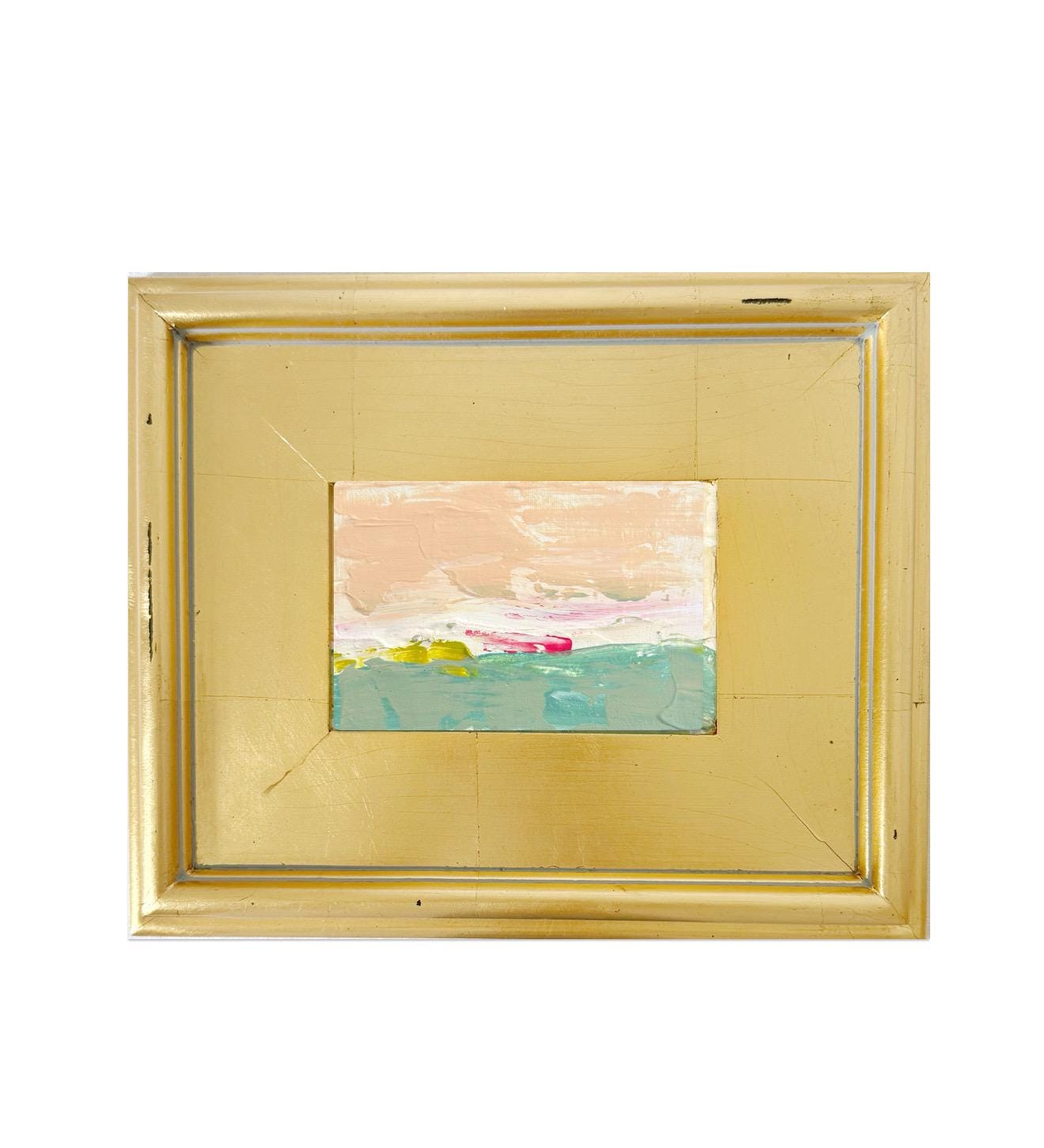 Framed Original Abstract Artwork, Mixed Media Landscape Painting (4”x6”) on Canvas, 8”x10”, Gold Frame, Neutral Wall Art, Pink & Green